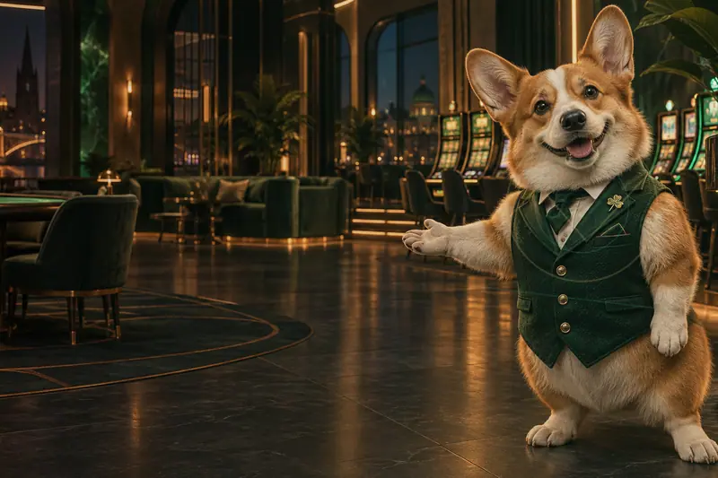 Corgi host welcoming visitors to a modern casino lounge